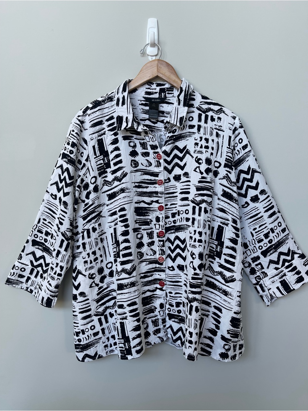 Ali Miles | Black White Button Front 3/4 Sleeve Tunic Lightweight Art to Wear 1X